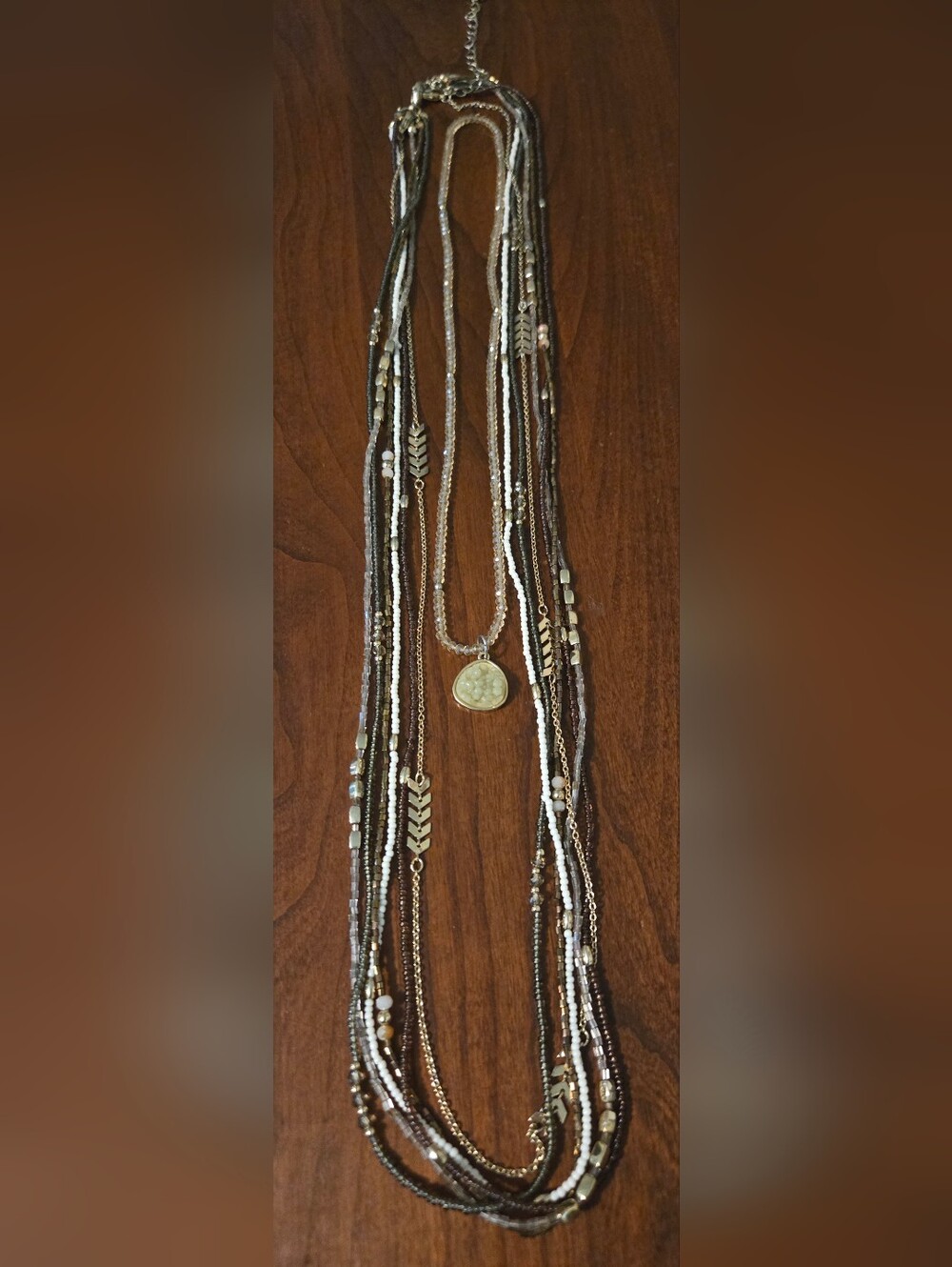 Layered Metallic Bead and Pendant Necklace - Gold and Brown
